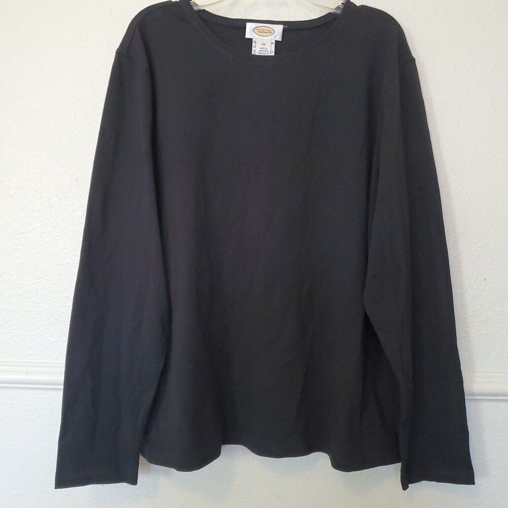 Talbots Womens XL Career Top Blouse Black Long Sleeves Round Neck Boxy Lagenlook